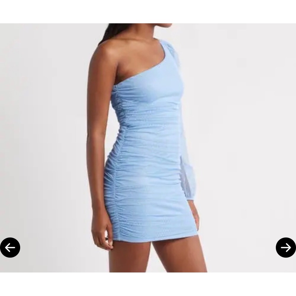 Jump Apparel One Shoulder Ruched Bodycon Mesh Mini Dress Womens Small Light Blue